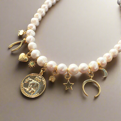 Lucky Charm Pearl Necklace – Freshwater Pearls & Gold Charms - Mizfit Essentials