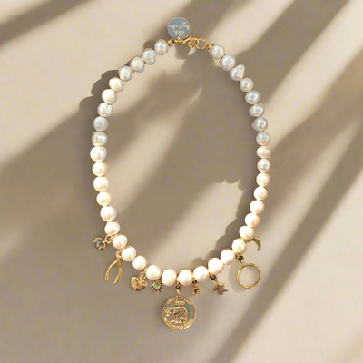 Lucky Charm Pearl Necklace – Freshwater Pearls & Gold Charms - Mizfit Essentials