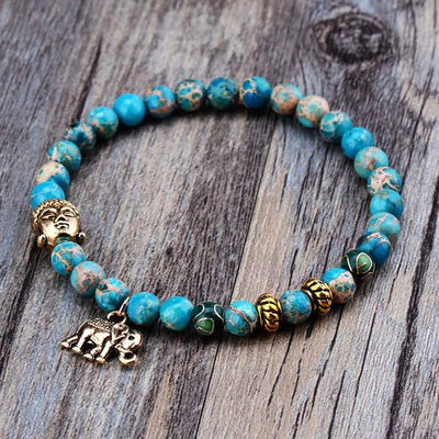 Elephant & Buddha turquoise beaded meditation charm bracelet for mindfulness and healing