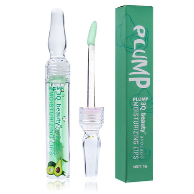 Lip balm with applicator and green box labeled 'plump' on a white background