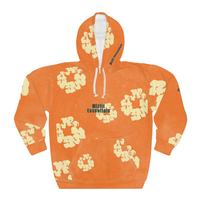 Orange hoodie with yellow floral patterns and 'Mizfit Essentials' branding on a white background