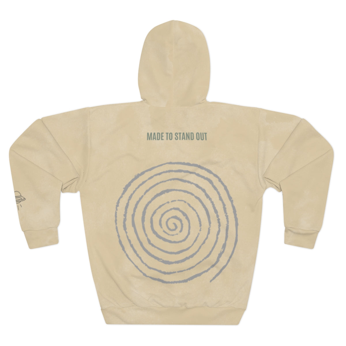 Beige hoodie with spiral design and text on the back against a white background