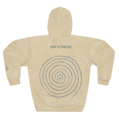 Beige hoodie with spiral design and text on the back against a white background